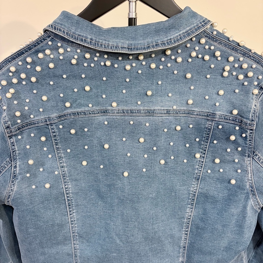 Glam Vintage Pearl Chic Denim Jean Stretchy Jacket Feminine Western Y2K Large - Picture 6 of 15